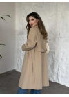 Uzun torino kumaş düğmesiz trençkot bej