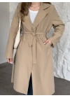 Uzun torino kumaş düğmesiz trençkot bej
