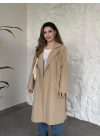 Uzun torino kumaş düğmesiz trençkot bej