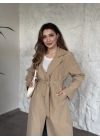 Uzun torino kumaş düğmesiz trençkot bej