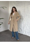 Uzun torino kumaş düğmesiz trençkot bej