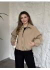 Torino kumaş beli lastikli fermuarlı ceket bej