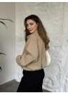 Torino kumaş beli lastikli fermuarlı ceket bej