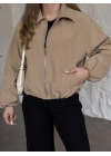 Torino kumaş beli lastikli fermuarlı ceket bej