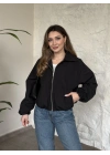 Torino kumaş beli lastikli fermuarlı ceket siyah