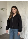 Torino kumaş beli lastikli fermuarlı ceket siyah