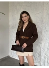Beli kemer detaylı blazer ceket acı kahve