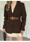 Beli kemer detaylı blazer ceket acı kahve