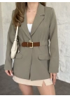 Beli kemer detaylı blazer ceket yeşil