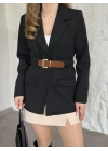 Beli kemer detaylı blazer ceket siyah