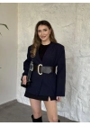 Düğmesiz geniş kemerli blazer ceket lacivert