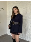 Düğmesiz geniş kemerli blazer ceket lacivert