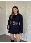 Düğmesiz geniş kemerli blazer ceket lacivert
