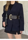 Düğmesiz geniş kemerli blazer ceket lacivert