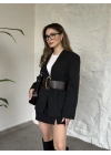 Düğmesiz geniş kemerli blazer ceket siyah