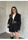 Düğmesiz geniş kemerli blazer ceket siyah