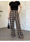 Düğmeli ekose desenli pantolon kahve