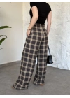 Düğmeli ekose desenli pantolon kahve