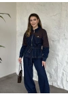 Kahve detaylı belinden kemerli denim takım