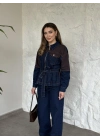 Kahve detaylı belinden kemerli denim takım