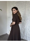 Önden fermuarlı belinden kuşaklı midi elbise kahve