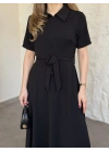 Önden fermuarlı belinden kuşaklı midi elbise siyah