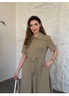 Önden fermuarlı belinden kuşaklı midi elbise yeşil