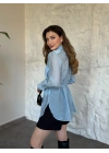 Kolları ve arkası tül yandan bağlamalı gömlek ceket mavi