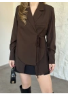 Kolları ve arkası tül yandan bağlamalı gömlek ceket kahve