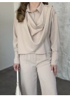 Şal detaylı ikili takım krem