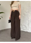 Önü pileli kendinden kemerli bol pantolon kahve