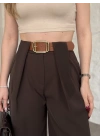 Önü pileli kendinden kemerli bol pantolon kahve