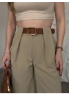 Önü pileli kendinden kemerli bol pantolon yeşil
