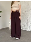 Önü pileli kendinden kemerli bol pantolon bordo
