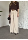 Önü pileli kendinden kemerli bol pantolon krem