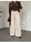 Önü pileli kendinden kemerli bol pantolon krem