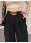 Önü pileli kendinden kemerli bol pantolon siyah