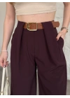 Önü pileli kendinden kemerli bol pantolon bordo