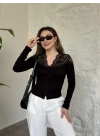 Üstü dantel garnili ribana düğmeli hırka siyah