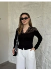 Üstü dantel garnili ribana düğmeli hırka siyah