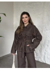 Gizli çıt çıt düğmeli belinden kuşaklı denim takım kahve