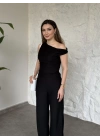 Düşük omuz beli büzgülü ikili takım siyah