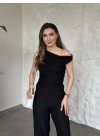 Düşük omuz beli büzgülü ikili takım siyah