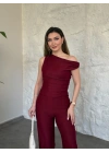 Düşük omuz beli büzgülü ikili takım bordo