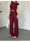 Düşük omuz beli büzgülü ikili takım bordo