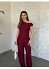 Düşük omuz beli büzgülü ikili takım bordo