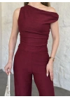 Düşük omuz beli büzgülü ikili takım bordo
