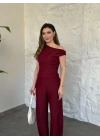 Düşük omuz beli büzgülü ikili takım bordo