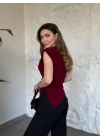 Vatkalı pileli asimetrik bluz bordo