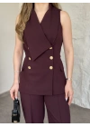 Kruvaze yaka gold düğmeli takım bordo